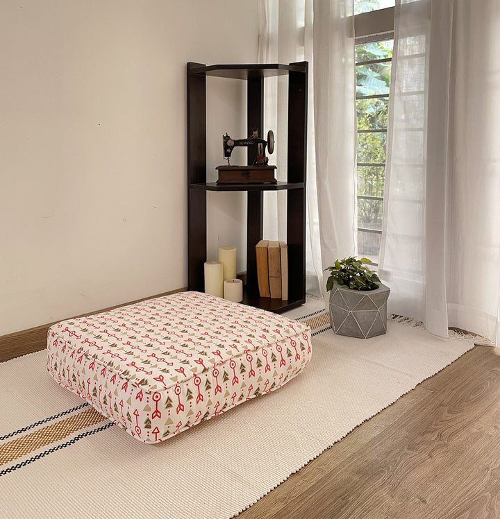 Large Patterned Floor Cushion (20x20") for Lounging & Meditation - Cream with Red Arrow Design - 100% Cotton - Eco-Friendly