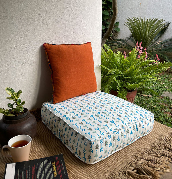 Large Patterned Floor Cushion (20x20") for Lounging & Meditation - Cream with Blue Arrow Design - 100% Cotton - Eco-Friendly