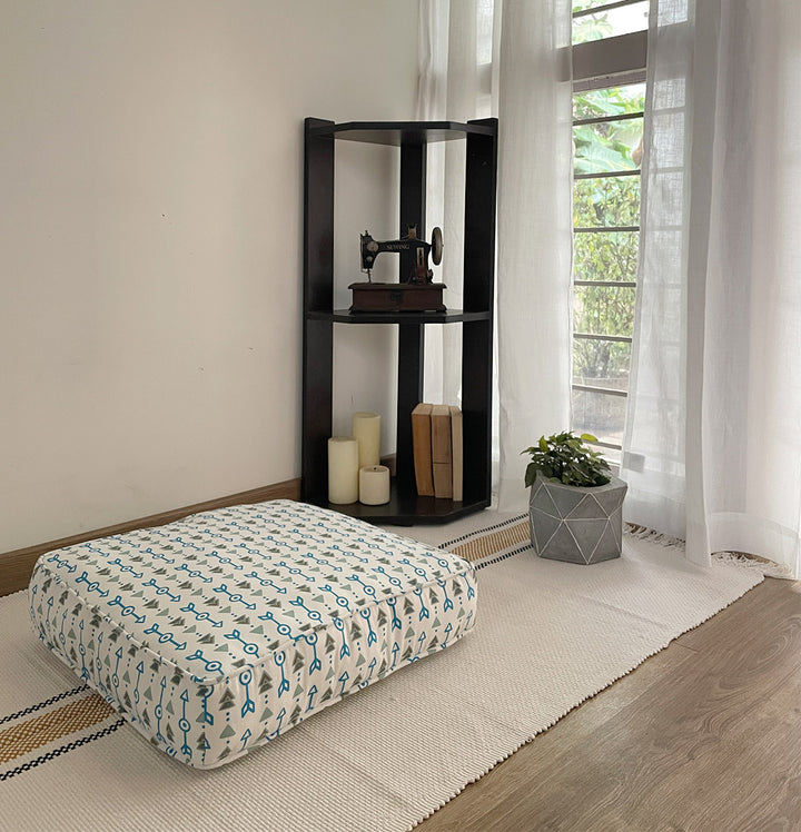 Large Patterned Floor Cushion (20x20") for Lounging & Meditation - Cream with Blue Arrow Design - 100% Cotton - Eco-Friendly
