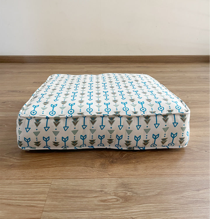 Large Patterned Floor Cushion (20x20") for Lounging & Meditation - Cream with Blue Arrow Design - 100% Cotton - Eco-Friendly