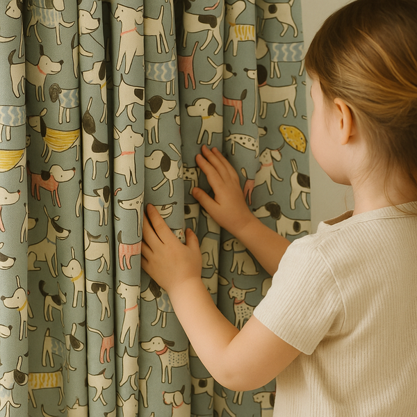 Puppy Parade Cotton Kids Curtains – Pastel Blue Dog Print Drapes, Light-Filtering or 100 % Blackout
