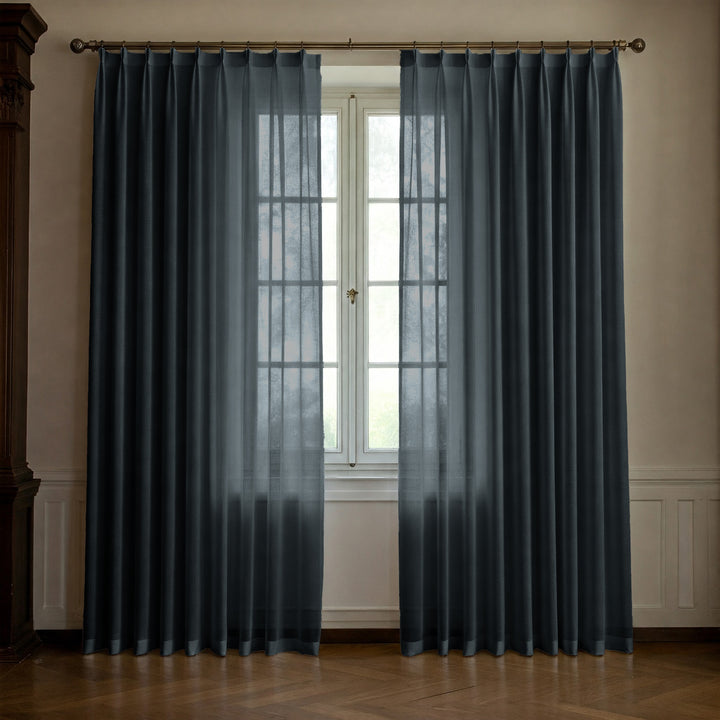 Dark Bluish Grey Linen Sheer Curtains - Triple Pinch Pleat - Made to Measure