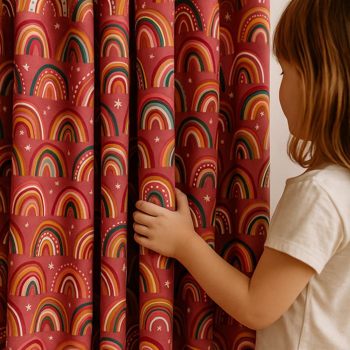 Rainbow Dreams Cotton Kids Curtains – Berry-Pink Bedroom Drapes, Light-Filtering or 100 % Blackout | Made to Measure