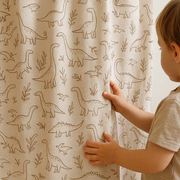 Dinosaur Print Linen Curtains for Kids Room – Custom Sizes – Light Filtering or 100% Blackout Lining Options