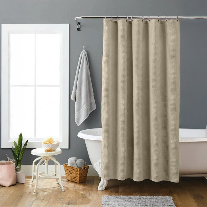 Beige Organic Cotton Waffle Shower Curtain | Neutral & Stylish | Mold Resistant | Quick Dry