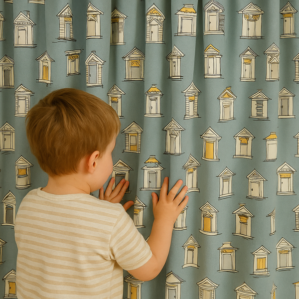 Window-Print Cotton Kids Curtains – Teal Architectural Drapes, Light-Filtering or 100 % Blackout | Made-to-Measure