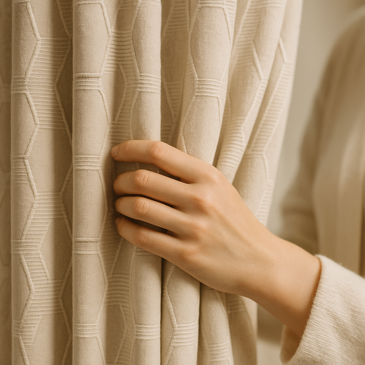 Luxury HexaTrellis Geometric Embroidered GOTS Linen Curtains – Made-to-Measure | Blackout & Light-Filtering