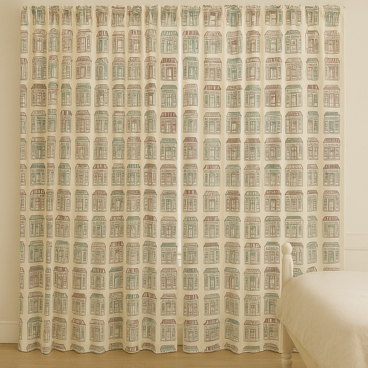 Sweet Shop Street Cotton Kids Curtains – Sketch Shopfront Print Drapes, Light-Filtering or 100 % Blackout | Made to Measure
