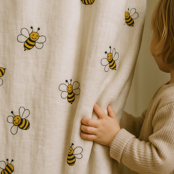 Embroidered Bee Pure Linen Curtain for Kids Room – Custom Size Available – Light Filtering & Blackout Options – Single or Pair – OEKO-TEX Certified