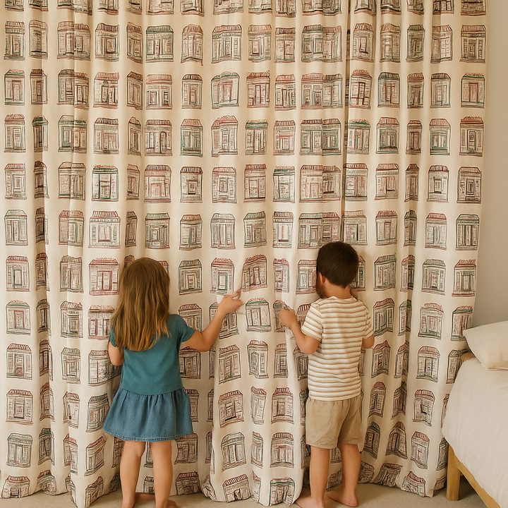 Sweet Shop Street Cotton Kids Curtains – Sketch Shopfront Print Drapes, Light-Filtering or 100 % Blackout | Made to Measure