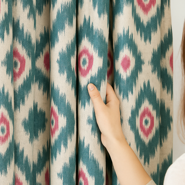 Ikat Print Cotton Linen Curtains – Teal Pink, Blue Taupe, Grey Ochre – Blackout or Light Filtering – Custom Sizes – Rod or Track Compatible