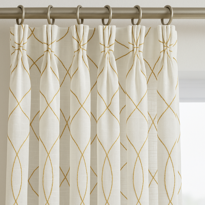 Pure Linen Sheer Curtains with Geometric Embroidered Lattice – Light Filtering Privacy Drapes – Custom Sizes – OEKO-TEX Certified