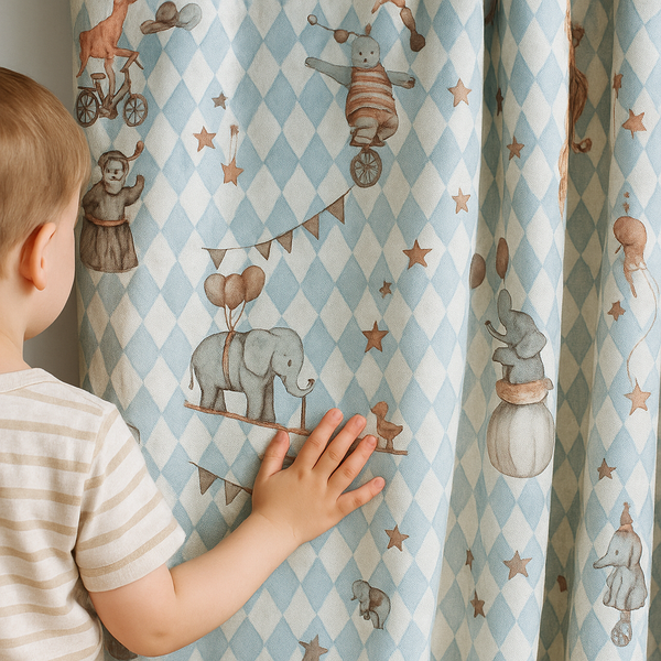 Circus-Themed Pure Linen Curtains for Kids Room – 5 Colour Variants – Light Filtering or 100% Blackout Lined – Custom Sizes – OEKO-TEX Certified