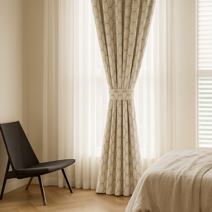 Luxury HexaTrellis Geometric Embroidered GOTS Linen Curtains – Made-to-Measure | Blackout & Light-Filtering