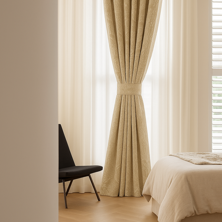 Luxury Linen Jacquard Curtains with Raised Damask Pattern – Custom Sizes, Blackout & Light-Filtering Liners