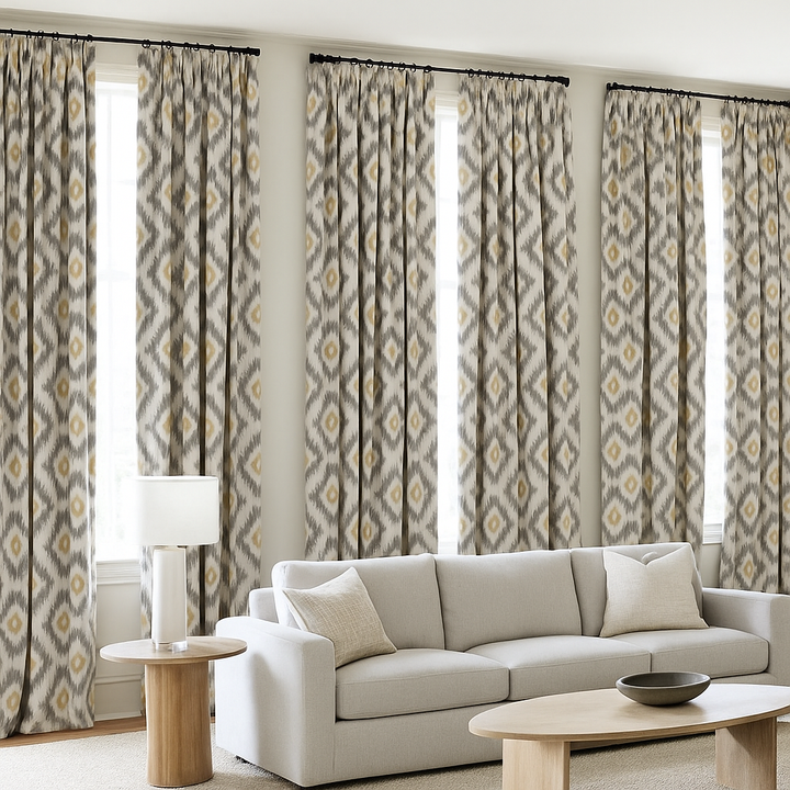 Ikat Print Cotton Linen Curtains – Teal Pink, Blue Taupe, Grey Ochre – Blackout or Light Filtering – Custom Sizes – Rod or Track Compatible