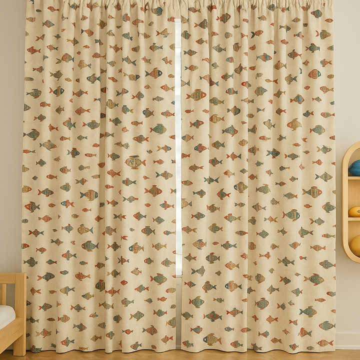 Colourful Fish-Print Cotton Kids Curtains – Coastal Nursery Drapes, Light-Filtering or 100 % Blackout