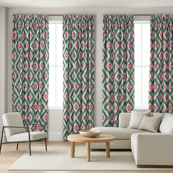 Ikat Print Cotton Linen Curtains – Teal Pink, Blue Taupe, Grey Ochre – Blackout or Light Filtering – Custom Sizes – Rod or Track Compatible