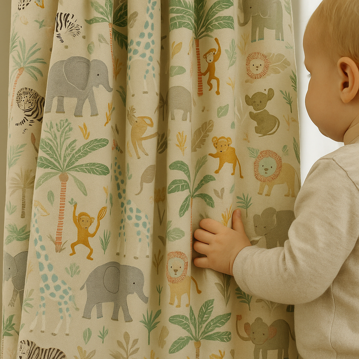 Jungle Safari Linen Nursery Curtains – Soft, Custom Sizes – Light Filtering or Blackout Lining