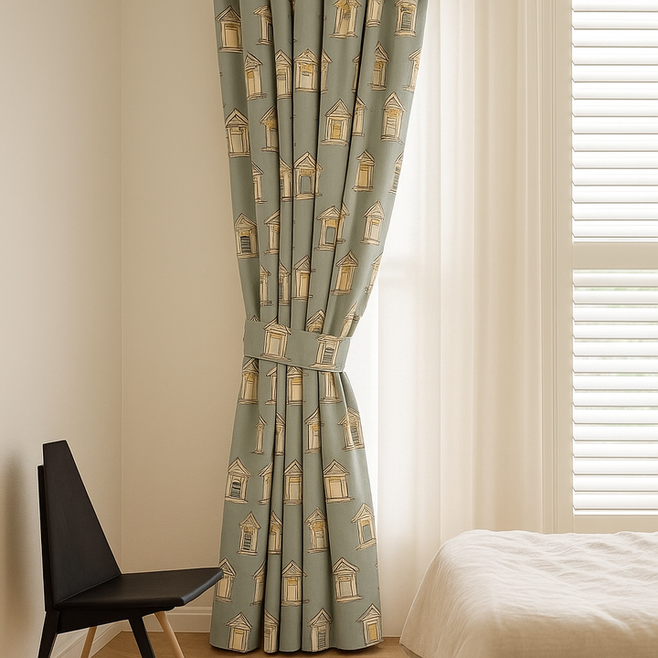 Window-Print Cotton Kids Curtains – Teal Architectural Drapes, Light-Filtering or 100 % Blackout | Made-to-Measure