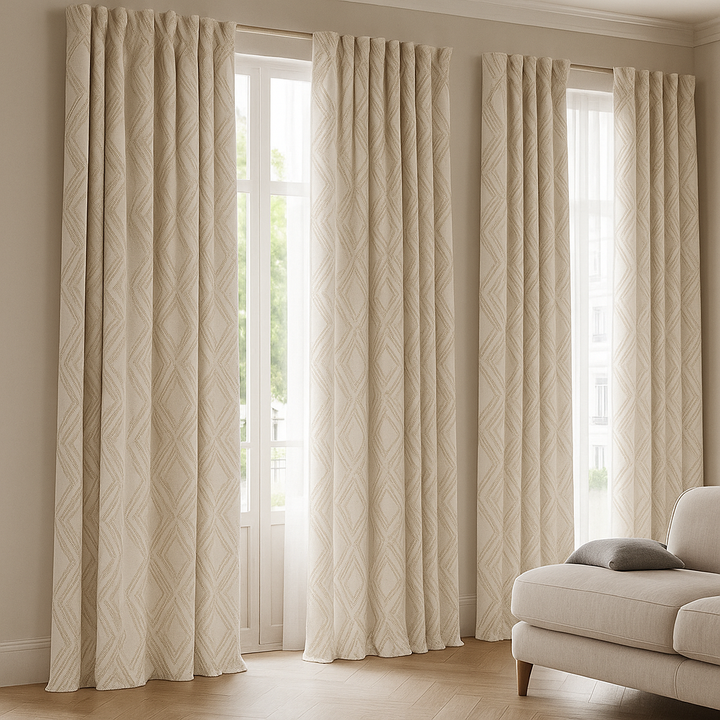 Luxury Linen Jacquard Geometric Curtains – 7 Colours, Made-to-Measure Blackout or Cotton Lined