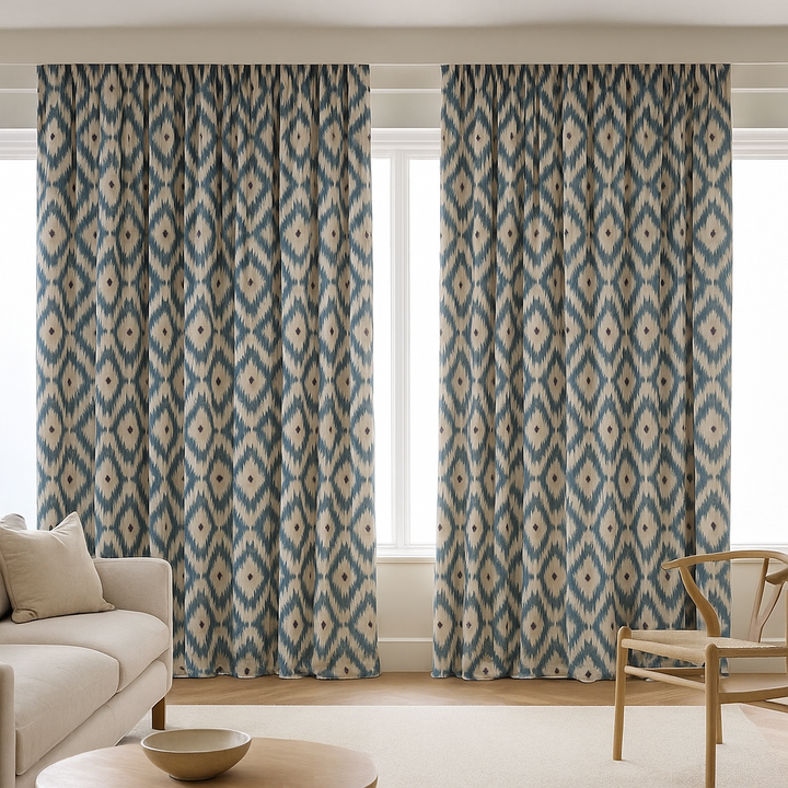 Ikat Print Cotton Linen Curtains – Teal Pink, Blue Taupe, Grey Ochre – Blackout or Light Filtering – Custom Sizes – Rod or Track Compatible