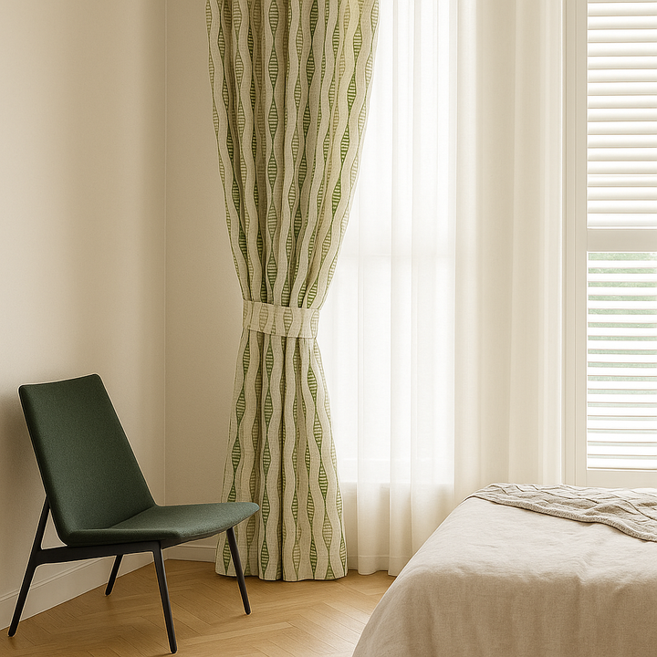 GOTS Spindle-Stripe Embroidered Linen Curtains – Blackout / Sheer