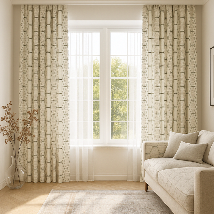 Luxury HexaTrellis Geometric Embroidered GOTS Linen Curtains – Made-to-Measure | Blackout & Light-Filtering