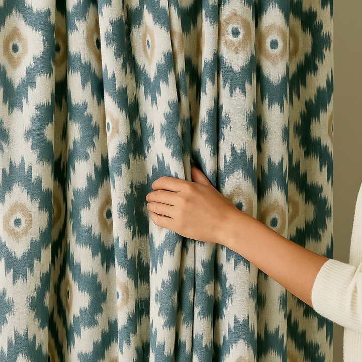 Ikat Print Cotton Linen Curtains – Teal Pink, Blue Taupe, Grey Ochre – Blackout or Light Filtering – Custom Sizes – Rod or Track Compatible