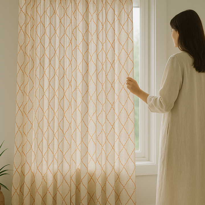 Pure Linen Sheer Curtains with Geometric Embroidered Lattice – Light Filtering Privacy Drapes – Custom Sizes – OEKO-TEX Certified