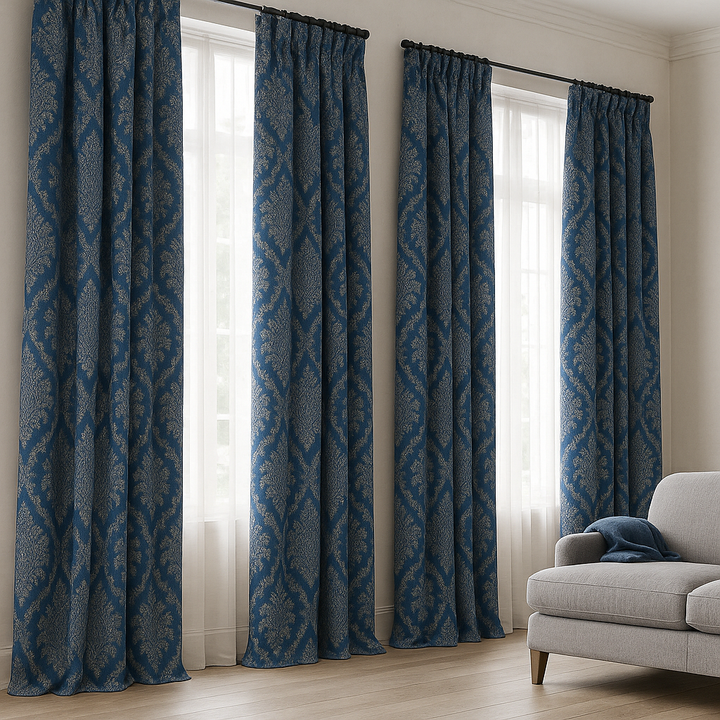 Luxury Linen Jacquard Curtains with Raised Damask Pattern – Custom Sizes, Blackout & Light-Filtering Liners