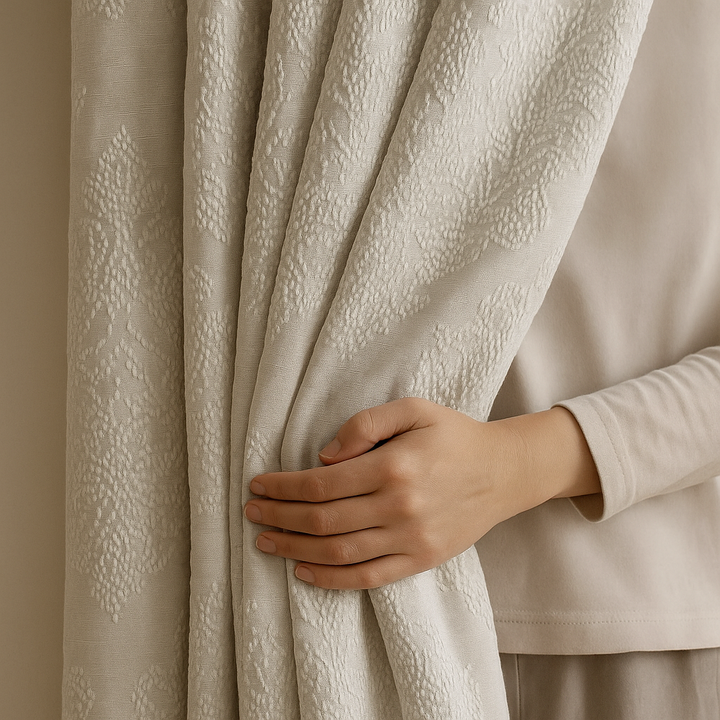 Luxury Linen Jacquard Curtains with Raised Damask Pattern – Custom Sizes, Blackout & Light-Filtering Liners
