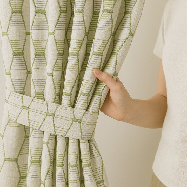Luxury HexaTrellis Geometric Embroidered GOTS Linen Curtains – Made-to-Measure | Blackout & Light-Filtering