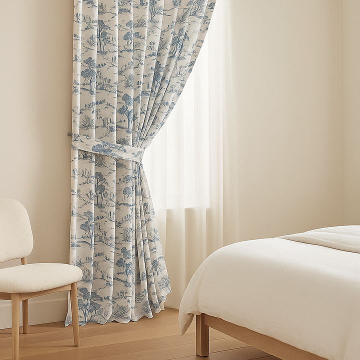 Countryside Toile Pure Linen Curtains – GOTS Certified | Made-to-Measure Light-Filtering or 100 % Blackout | Single Panel or Pair