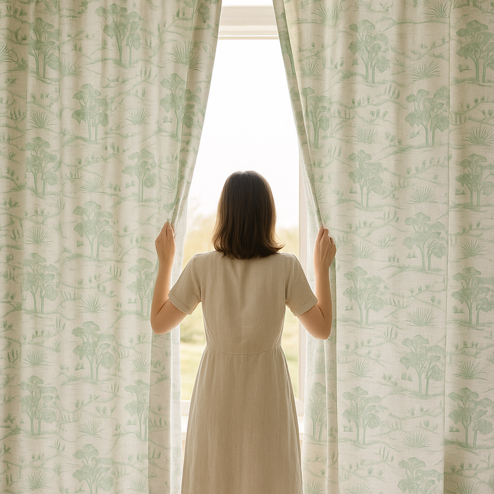 Countryside Toile Pure Linen Curtains – GOTS Certified | Made-to-Measure Light-Filtering or 100 % Blackout | Single Panel or Pair