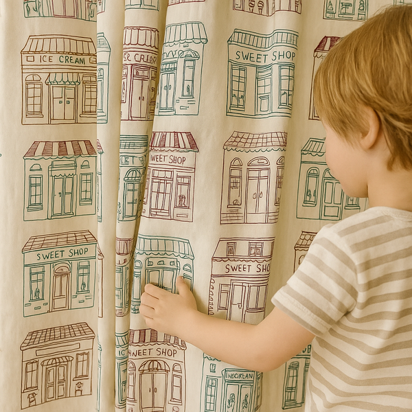 Sweet Shop Street Cotton Kids Curtains – Sketch Shopfront Print Drapes, Light-Filtering or 100 % Blackout | Made to Measure