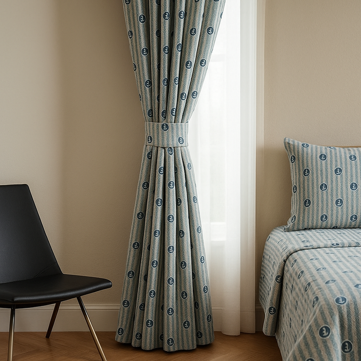 Nautical Anchor Pure Cotton Curtains – Blue Striped Kids Drapes, Light-Filtering or Blackout
