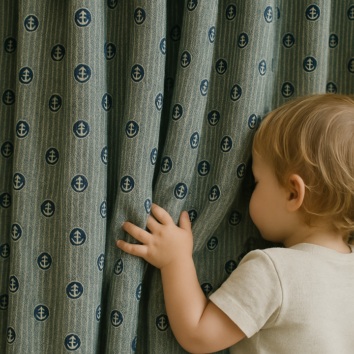 Nautical Anchor Pure Cotton Curtains – Blue Striped Kids Drapes, Light-Filtering or Blackout