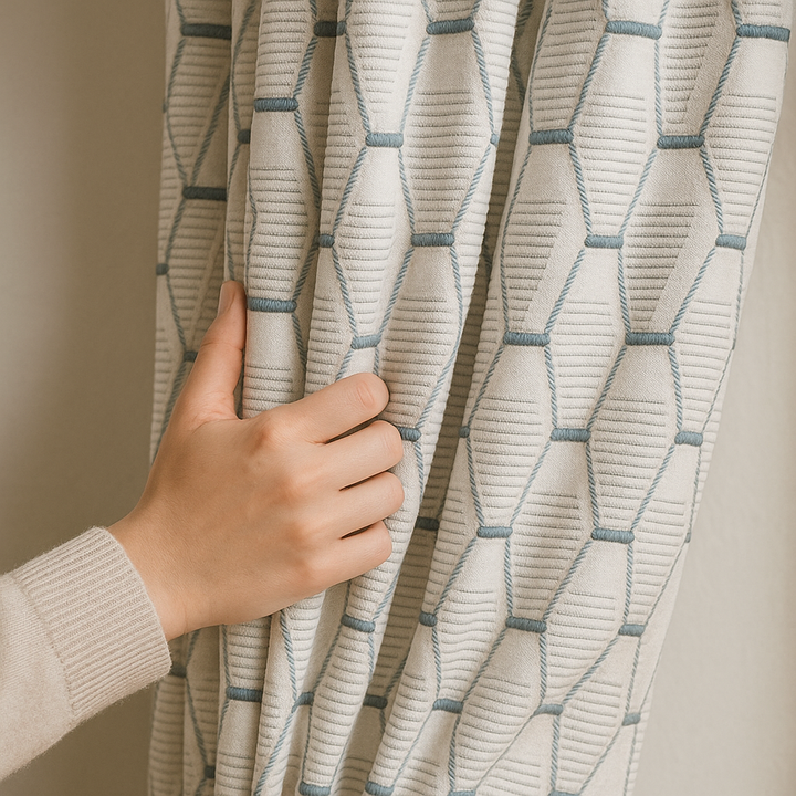 Luxury HexaTrellis Geometric Embroidered GOTS Linen Curtains – Made-to-Measure | Blackout & Light-Filtering
