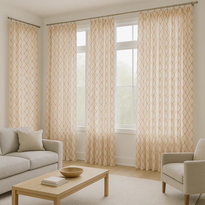 Pure Linen Sheer Curtains with Geometric Embroidered Lattice – Light Filtering Privacy Drapes – Custom Sizes – OEKO-TEX Certified