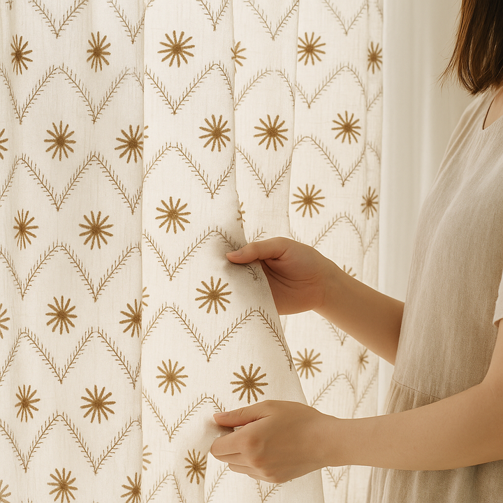Pure Linen Sheer Embroidered Curtain – Custom Size Privacy Panel – OEKO-TEX Certified – 5 Colours – Rod & Track Compatible