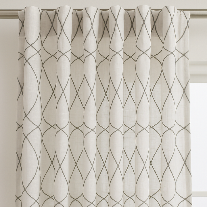Pure Linen Sheer Curtains with Geometric Embroidered Lattice – Light Filtering Privacy Drapes – Custom Sizes – OEKO-TEX Certified
