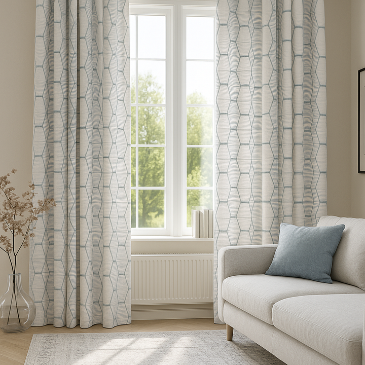 Luxury HexaTrellis Geometric Embroidered GOTS Linen Curtains – Made-to-Measure | Blackout & Light-Filtering