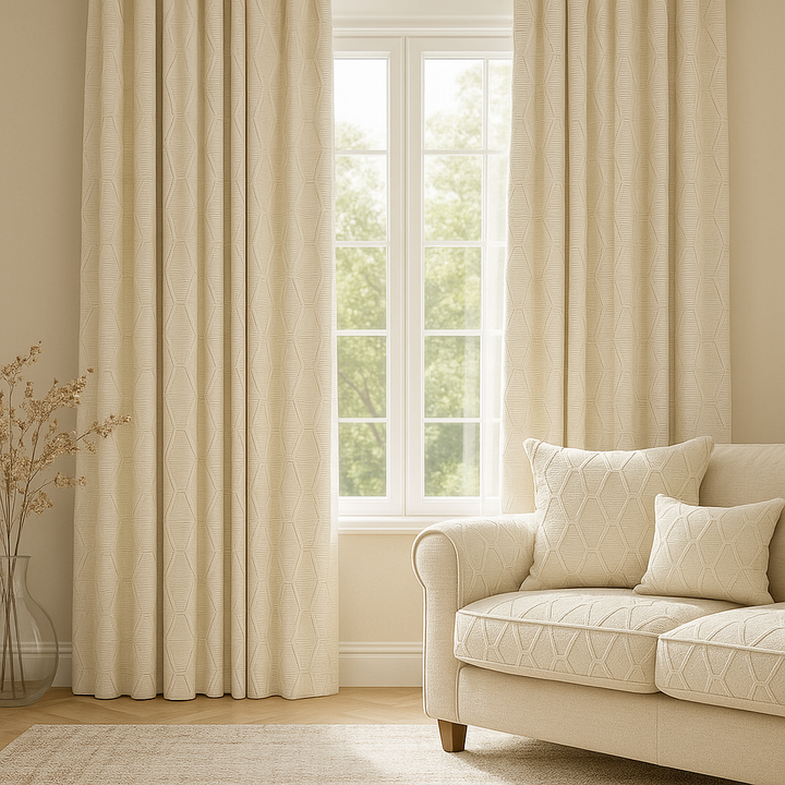Luxury HexaTrellis Geometric Embroidered GOTS Linen Curtains – Made-to-Measure | Blackout & Light-Filtering