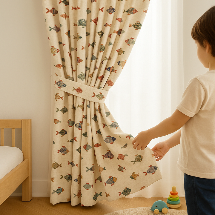 Colourful Fish-Print Cotton Kids Curtains – Coastal Nursery Drapes, Light-Filtering or 100 % Blackout