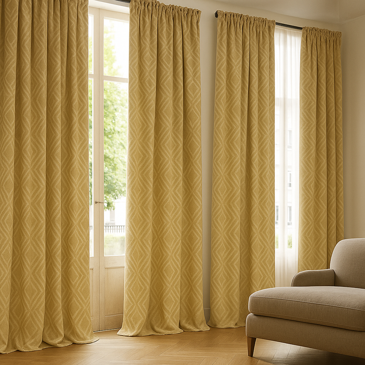 Luxury Linen Jacquard Geometric Curtains – 7 Colours, Made-to-Measure Blackout or Cotton Lined