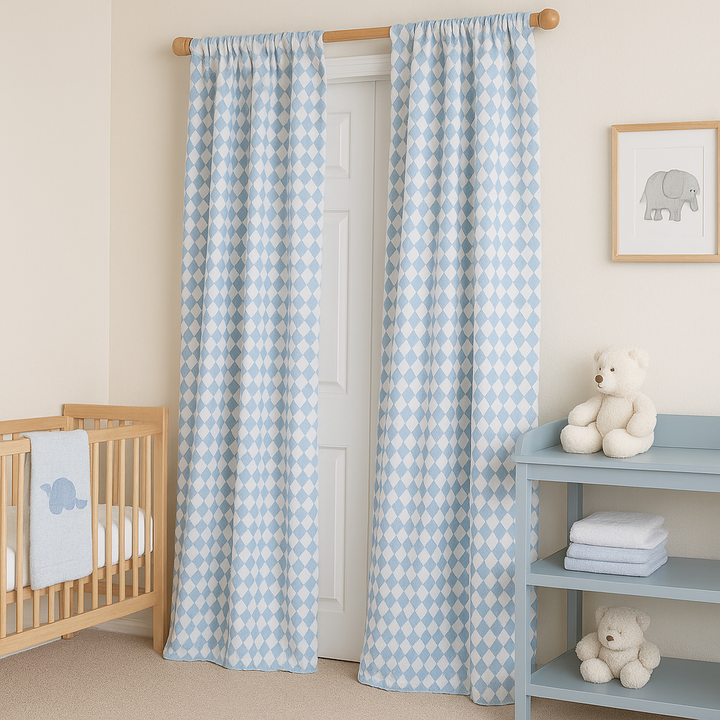 Soft Linen Diamond Pattern Nursery Curtains – Light Filtering or Blackout – Custom Sizes – 4 Heading Styles – Single or Pair