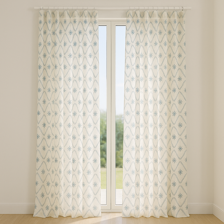 Pure Linen Sheer Embroidered Curtain – Custom Size Privacy Panel – OEKO-TEX Certified – 5 Colours – Rod & Track Compatible
