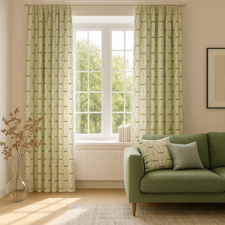 Luxury HexaTrellis Geometric Embroidered GOTS Linen Curtains – Made-to-Measure | Blackout & Light-Filtering