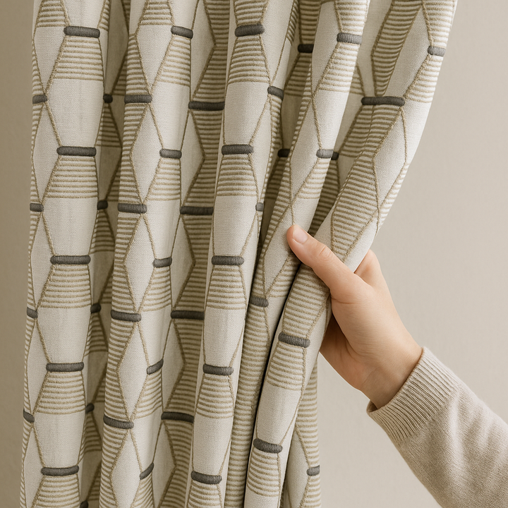 Luxury HexaTrellis Geometric Embroidered GOTS Linen Curtains – Made-to-Measure | Blackout & Light-Filtering